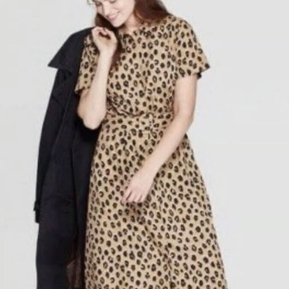 A New Day Women's XS Cheetah Print Belted Midi Shirt Dress Brown Leopard Satin - Picture 2 of 7